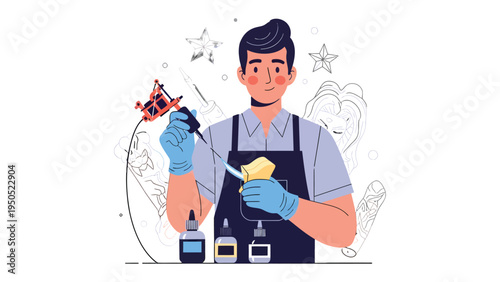 Artistic Craftsman: A focused tattoo artist, with meticulous attention to detail, prepares for the next artistic creation. The artist's workspace is neat, and his tools gleam.
