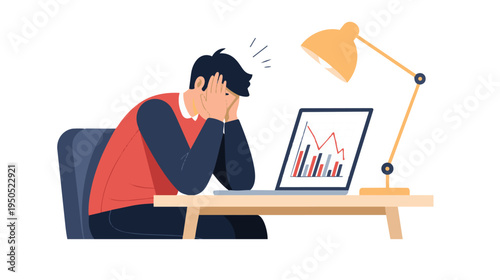 A frustrated man sits at a desk with a stressed expression looking at a laptop screen displaying a graph under a desk lamp.