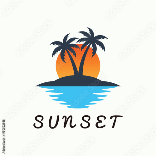 Tropical sunset logo with palm trees and ocean