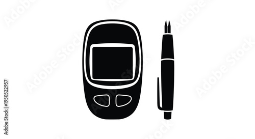 A simple black and white illustration depicts a glucose meter alongside a lancet device for blood testing high quality