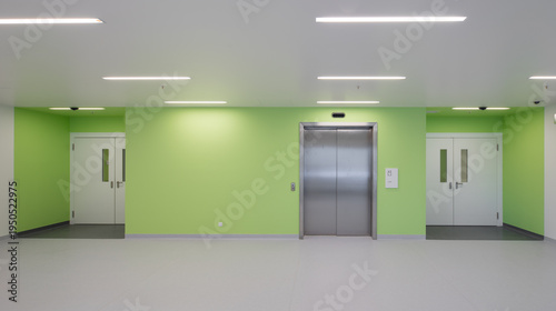 Modern hospital corridor interior with elevators and emergency exit signs.