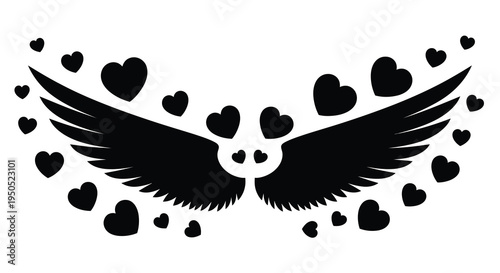 A striking black silhouette depicts a winged skull adorned with numerous heart shaped elements creating a gothic romantic aesthetic