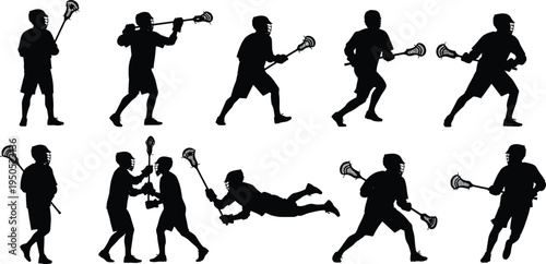 Silhouette lacrosse players in action poses, dynamic sports illustration, protective gear artwork, athletic competition design, team game movement theme