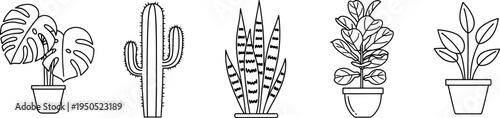 Collection of five distinct potted houseplant icons displayed in a clean minimal black and white line art style
