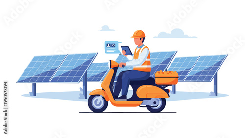 Solar Panel Technician on Electric Scooter: An engineer, riding on an electric scooter, meticulously inspects and maintains a solar panel array, representing clean energy and sustainable tech.