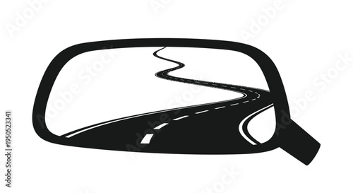 A black and white illustration depicts a car side mirror reflecting a winding empty road ahead high quality professional
