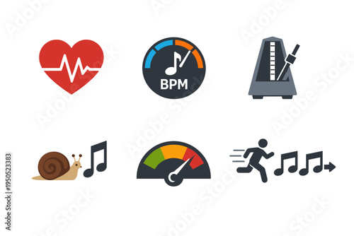 Music Tempo and Rhythm Icon Set Featuring Heart Rate Pulse, BPM Gauge, Metronome, Slow Snail, Fast Runner, and Speedometer Symbols for Audio Performance and Timing Measurement Flat Vector Design