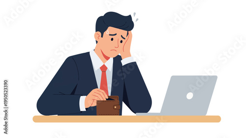 A stressed businessman sitting with a laptop and wallet at office desk.