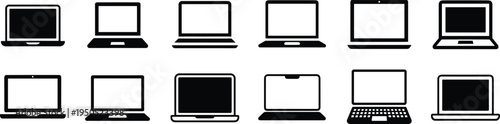 Black silhouette collection of various laptop computer designs open closed different angles views portable notebook tech devices set on white background.