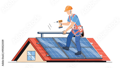 Harnessing the Sun's Power: A skilled worker installs solar panels on a rooftop, symbolizing the dawn of renewable energy and sustainable living.