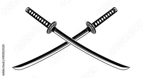 A striking black and white illustration depicts two traditional japanese katanas crossed showcasing their elegant curves and detailed hilts