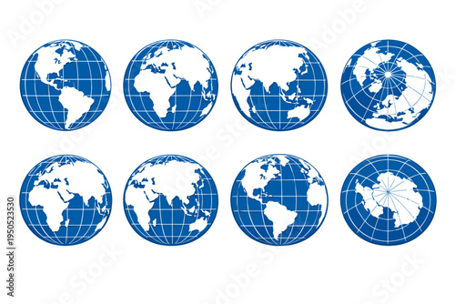 Set of Eight Blue and White Global Hemispheres Showing Different Views of the Earth with Globe Grid Design. International World Map Icons Featuring Continents, Geography, and Polar Perspectives.