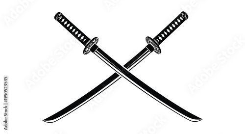 A striking black and white illustration depicts two traditional japanese katanas crossed symbolizing honor power and martial arts