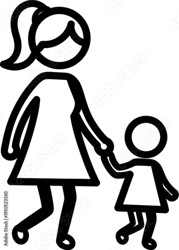 Simple black line art icon depicts a mother holding hands and walking forward with her small child against a pale green background.
