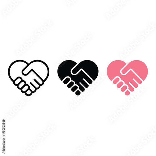 Three handshakes forming hearts in black white and pink color schemes