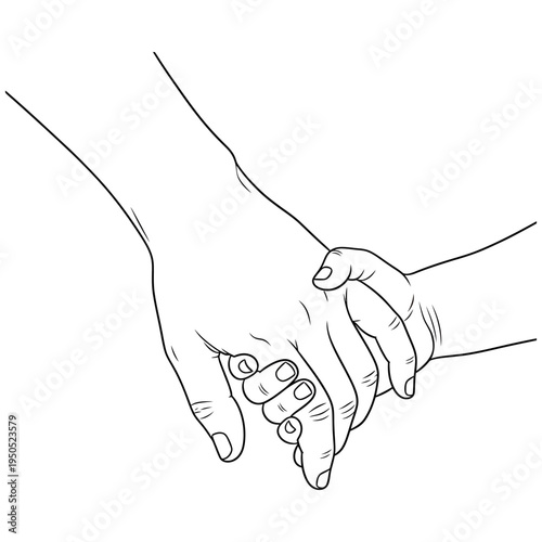 Two hands gently holding each other in a supportive embrace depicted in a minimalist black and white line art style emphasizing connection unity and emotional bonding against a clean uncluttered
