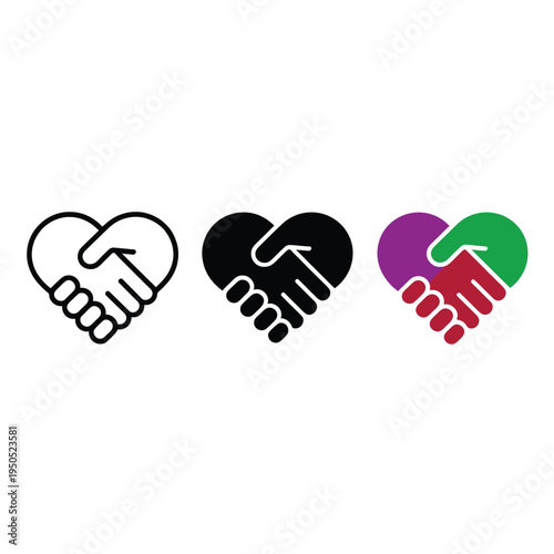 Three handshakes forming heart shapes in varying colors and styles