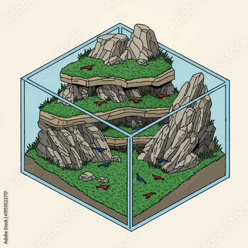 Isometric Aquarium Landscape with Rocks and Plants.