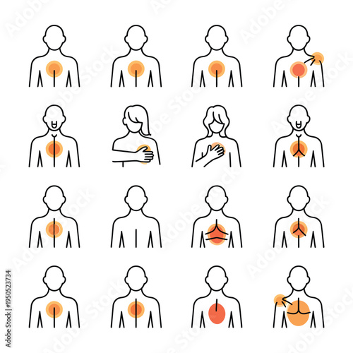 Line art icons depicting human figures with highlighted chest and throat areas