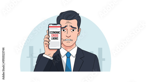 A frustrated businessman looks at his smartphone in a city environment.