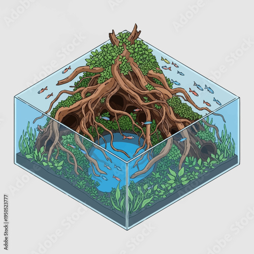 Intricate Aquatic Ecosystem Display with Lush Roots and Fish.
