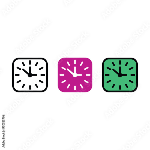 Three colorful analog clocks displaying different times on a white background