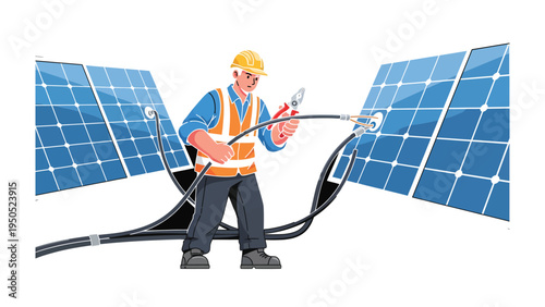 Solar Panel Technician: A skilled technician, clad in safety gear, meticulously works on solar panels, symbolizing the rise of sustainable energy and the future of technology.