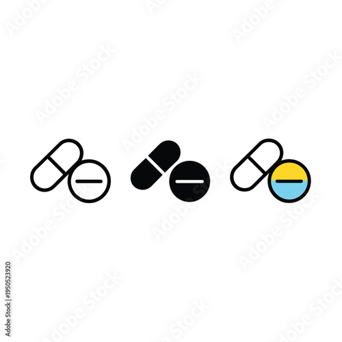 Pill and capsule icons in varying styles outline solid and colored versions