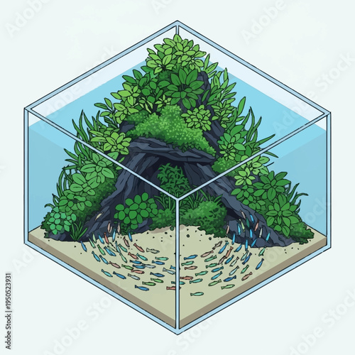 Vibrant Aquarium Ecosystem with Lush Greenery and Schooling Fish.
