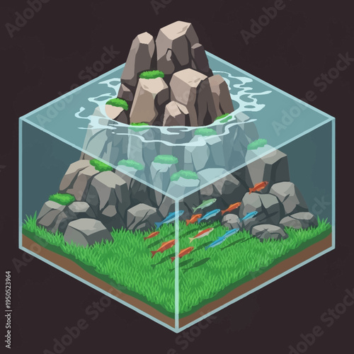 Isometric Aquarium Ecosystem With Fish And Rocks.