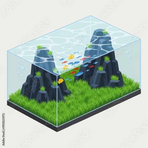 Isometric Aquarium Ecosystem with Lush Greenery and Colorful Fish.