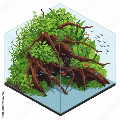 Aquatic Ecosystem With Lush Greenery And Driftwood.