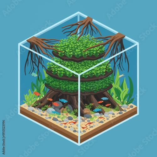 Isometric Aquarium Ecosystem with Lush Plants and Fish.