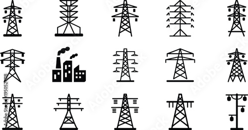 Black silhouette power line pylons electricity transmission towers factory smokestacks electrical 
