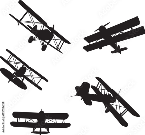 Biplane Silhouettes Set Vector Vintage Propeller Aircraft