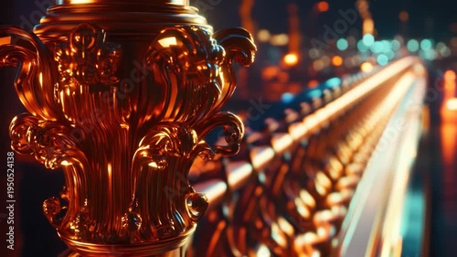 A close-up view of a golden vase sitting on a railing