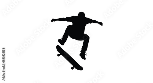 A silhouetted figure performs an aerial skateboarding trick legs extended against a stark white background high quality professional detailed