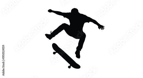 A silhouetted image depicts a skateboarder mid air performing a trick above their separated skateboard high quality professional detailed modern