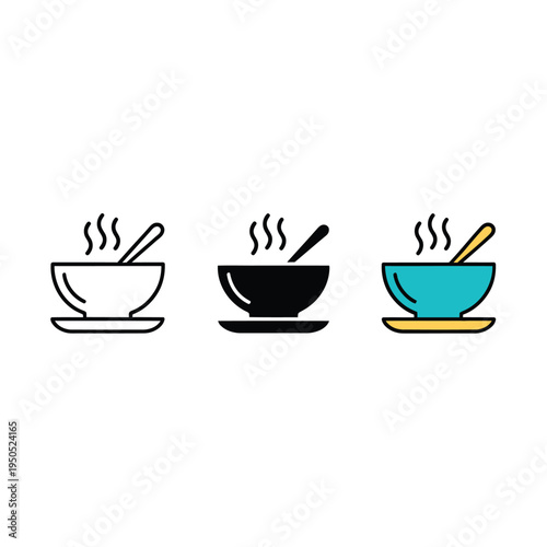Three variations of a steaming bowl of soup with chopsticks showcasing color options