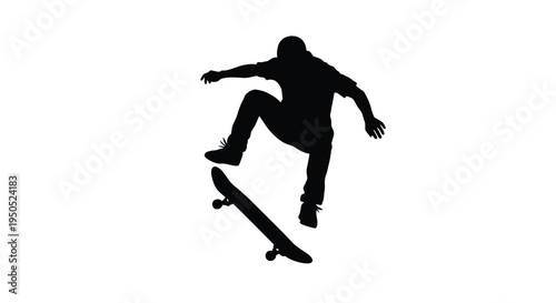 A dynamic silhouette captures a skateboarder mid air performing a trick with the board below high quality professional detailed modern