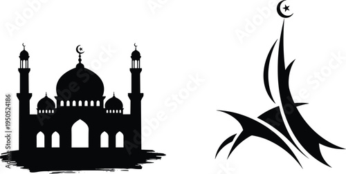 Black silhouette Islamic mosque with minarets crescent moon and Arabic calligraphy Allah symbol Ramadan Eid spiritual religious design vector set.