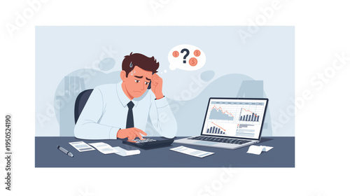 Man sitting at desk with laptop and papers looking confused