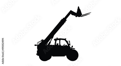 A stark silhouette of a telescopic handler a versatile construction vehicle is isolated against a brilliant white backdrop