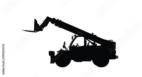 A stark silhouette depicts a large telehandler machine showcasing its extending boom and robust tire structure high quality professional