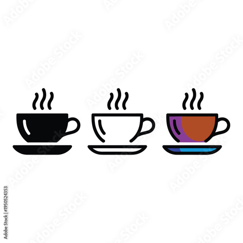 Three steaming coffee or tea cups in varying styles and colors on saucers