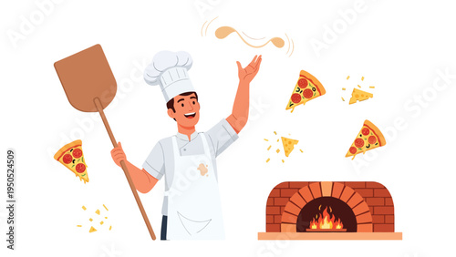 Masterful Pizzaiolo at Work: A skilled pizzaiolo expertly tosses pizza dough and serves slices of pepperoni pizza, crafting culinary delight.