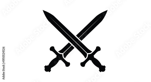 A stark black silhouette depicts two crossed swords their blades and hilts sharply defined against a white background