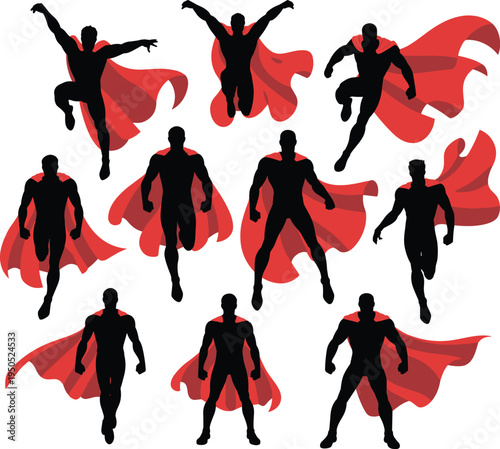 Black silhouette set of superheroes flying jumping poses with red capes dynamic action heroic figures superhuman power vector collection.