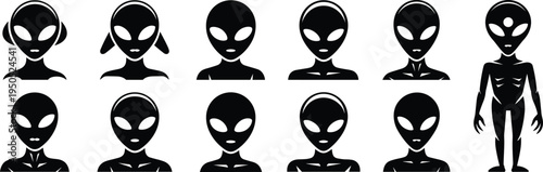 Black silhouette set of alien heads extraterrestrial faces grey aliens various expressions full body figure sci-fi UFO creature collection.