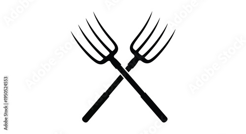 A stark black silhouette depicts two crossed farming forks symbolizing agriculture and rural life against a plain white background